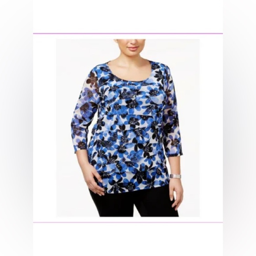 NWOT Alfani Women Blue Fitted 3/4 Sleeve Blouse. Sz LP